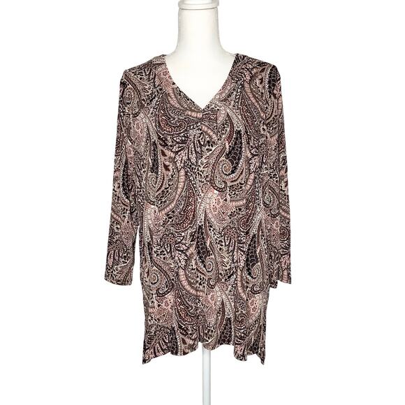 Amana Brown Peach Textured Paisley V Neck Blouse Top 2X - Picture 1 of 6